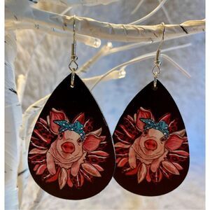 NEW Shabby Chick Farmhouse Pink Black Retro Pig Dangle Earrings